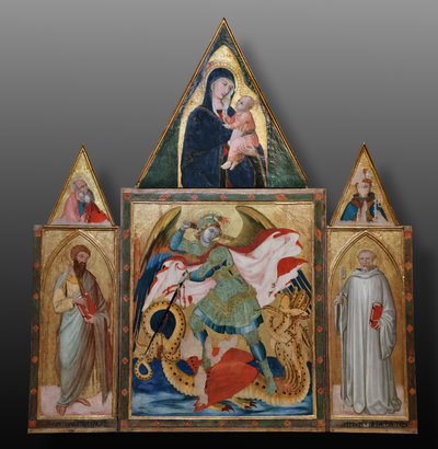 Svatý archanděl Michael zabíjí draka mezi svatými Benediktem a Bartolomějem (tempera na desce) od Ambrogio Lorenzetti