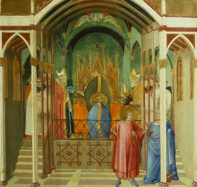 Vysvěcení svatého Mikuláše na biskupa z Miry, detail ze zázraků svatého Mikuláše z Bari, od Ambrogia Lorenzettiho (1290-cca 1348), tempera na dřevě od Ambrogio Lorenzetti