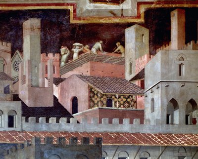 Účinky dobré a špatné vlády na město a zemi. Detail účinků dobré vlády ve městě - 1338-1340, Freska od Ambrogio Lorenzetti