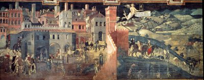 Účinky dobré a špatné vlády na město a zemi. Detail města. Freska od Ambrogia Lorenzettiho (1290-1348) od Ambrogio Lorenzetti