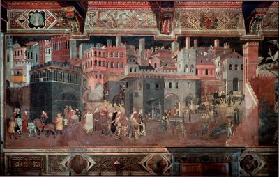 "Vlivy dobré a špatné vlády na město a zemi." Detail města. Freska od Ambrogia Lorenzettiho (1290-1348) od Ambrogio Lorenzetti