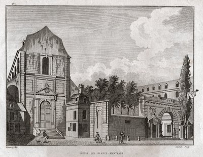 Kostel Blancs Manteaux ve čtvrti Marais v Paříži. cca 1780 (rytina) od Ambroise Louis Garneray
