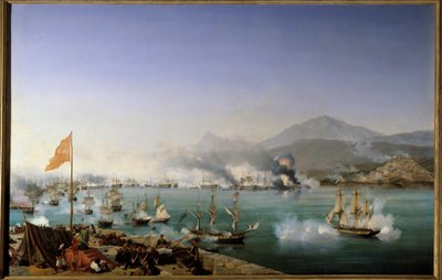 Řecká válka za nezávislost: “” Pohled na Navarinovu námořní bitvu 20. 10. 1827”” Odehrála se v Navarinském zálivu (Pylos, západní Peloponés) mezi osmanskou flotilou a francouzsko-anglo-ruskou flotilou. Obraz Ambroise Louis Garneray (1783-1857) 1831 Sun. 1, od Ambroise Louis Garneray