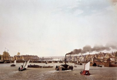 Pohled na říční dopravu na Seině do Rouenu. Akvarel od Ambroise Louis Garneray (1783-1857) Paříž 19. století, B.N. od Ambroise Louis Garneray