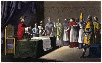 Assemblee of Worms: Ludvík I. Debonnaire (778-840), král Francie, uložený svými třemi syny (Lothaire, Pepin a Louis) za to, že chtěl znovu vytvořit své království ve prospěch svého čtvrtého syna (Charles, postava v modrý vedle krále) v roce 833. od Ambroise Tardieu