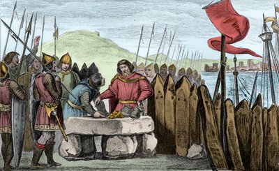 Karel III Tlustý (839-88) vyplácí vikingské nájezdníky v roce 886 - Charles III 3 le Gros (839-888) císař Západu (881-887) a regent Francie (884-887) tábořili pod hradbami Paříže aniž by se odvážili bojovat s Normany, raději si koupili jejich důchod od Ambroise Tardieu
