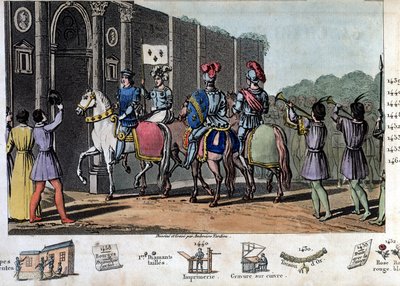 Karel VII říká „Vítězný“ (1403-1461). Angličané obléhali Orléans, ale Johanka z Arku zvedla obležení, osvobodila Orléans a vedla krále do Remeše v roce 1429. - Navrhl a vyryl Ambroise Tardieu v roce 1825. od Ambroise Tardieu