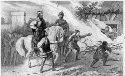Chlothar I. (497-561) upálil svého vzpurného syna a rodinu, 560 - Clotaire (Clothaire) I (497-561), král franků, upálil roku 560 svého syna Chramneho (Chram, Chramn) a jeho manželku, kteří se vzbouřili proti něm - Rytina 1825 v „Histoire de France zastoupe od Ambroise Tardieu