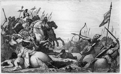 Clodion, Chlupatý (c428-47) ustupuje přes most po jeho porážce Aetiem - Clodion dit „“Le Chevelu““ (asi 428-asi 448), předek Merovejců, vůdce salianských franků - Clodion je poražen Aetiem, generálem Valentiniena III., který od Ambroise Tardieu