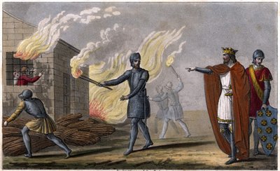 Clotaire (Clothaire) I (497 - 561) upálí svého syna Chramneho v chatě, vzpouru proti němu - Reign of Clotaire. Clotaire upálil v chatě jeho syn Chramne se proti němu vzbouřil - Dessine et grave od Ambroise Tardieu v roce 1825. od Ambroise Tardieu