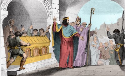 Clovis II (635-657) Prodej stříbra a zlata ze svatyně, aby nasytil chudé - Clovis II dit “”le Faineant”” aby nasytil chudé vyrobil zlaté a stříbrné čepele odstraněné z kostela Saint-Denis - Rytina 1825 v „Histoire de France zastoupená syn od Ambroise Tardieu