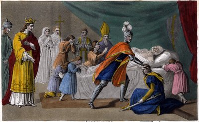 Smrt Pepina z Herstalu (635-714) obklopeného rodinou - Smrt Pepina de Herstal (dědečka Pepina le Brief), obklopeného svou rodinou a za přítomnosti Dagoberta III. (714) - Kresba a hrob Ambroise Tardieu v r. 1825 od Ambroise Tardieu
