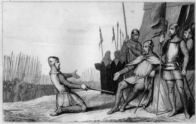 Henri I. (1008-60) v roce 1032 opustil svého bratra Roberta-Le-Vieux - Henri I. (1008-1060), král Francie, poděkoval svému bratru Robertu le Vieuxovi, který se proti němu postavil, a postoupil vévodu z Burgundsko v roce 1032 - rytina 1825 v „Histoire de Fr od Ambroise Tardieu