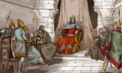 Král Charibert (521-567) v radě s magistráty - Caribert nebo Cherebert, král Paříže (561-567) pořádal rady, nebo učinil spravedlnost - Rytina z roku 1825 v „Histoire de France reprezentovaná synoptickými malbami dediee dětem Francie a od Ambroise Tardieu