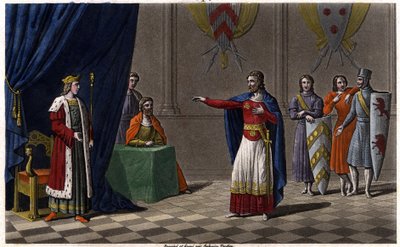 Louis V le Faineant (asi 967-987), prohlášen za francouzského krále pod ochranou Huguese Capeta, budoucího francouzského krále, v roce 986 Draw and grave od Ambroise Tardieua v roce 1825. od Ambroise Tardieu