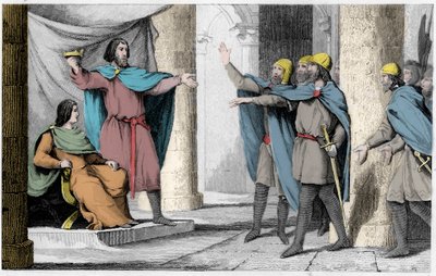Ludvík V. Indolent ukazuje svou korunu svým následovníkům v roce 986 - Louis V le Faineant (asi 967-987), prohlášen za krále Francie ochranou Huguese Capeta, který se stal francouzským králem, v roce 986 - Rytina z roku 1825 v „ Histoire de France zastoupe od Ambroise Tardieu