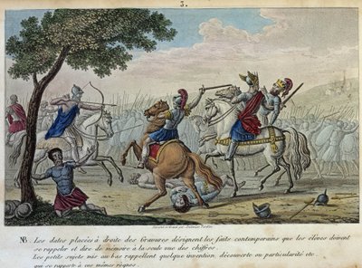 Merovee (447-458) vzdoruje Attilovi na Catalaunique Fields poblíž Troyes s Aetiem a Theodorikem I. Je troufalým králem Francs-Salianů a dal své jméno dynastii Merovejců. - Kreslení a hrob od Ambrose Tardieu v roce 1825. od Ambroise Tardieu