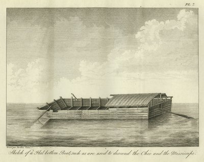Nákres člunu s plochým dnem, který se používá ke sjíždění Ohia a Mississippi, vydaný v roce 1826. od Ambroise Tardieu
