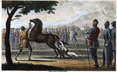 Smrt královny Brunhildy z Austrasie, vizigótské princezny, provdané za krále Sigeberta I. z Austrasie - Smrt Brunehauta (nebo Brunehildy) nařízená Clotaire (Clothaire) II (613). Kresby a hrob od Ambroise Tardieu v roce 1825. od Ambroise Tardieu