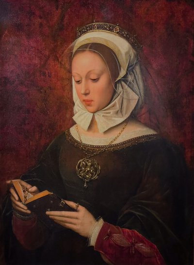 Mladá žena při modlitbě, čtení knihy hodin, asi 1520-1530 (olej na dřevě) od Ambrosius Benson