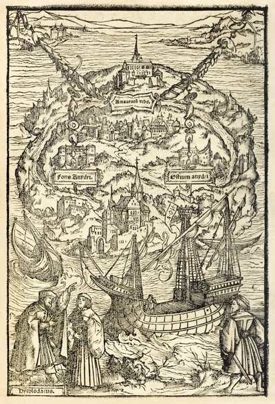 Mapa Nového ostrova Utopie z vydání Utopie z roku 1518 od Sira Thomase Morea (1478-1535), poprvé vydaného v roce 1516. Dřevoryt Ambrosia Holbeina (asi 1494-asi 1519) zobrazující ostrov s protagonis od Ambrosius Holbein