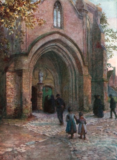 Kostelní veranda (večerní zpěv), Nieuport (barevná litografie) od Amedee (after) Forestier