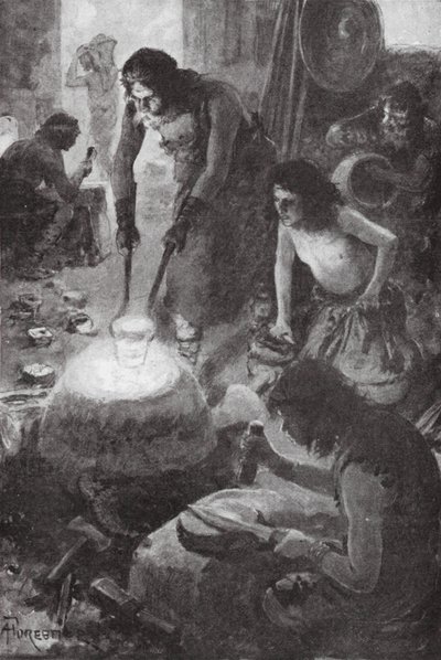 Iberové odlévající bronz v Británii (litografie) od Amedee (after) Forestier