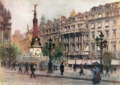 Place de Brouckere, Brusel (barevná litografie) od Amedee (after) Forestier
