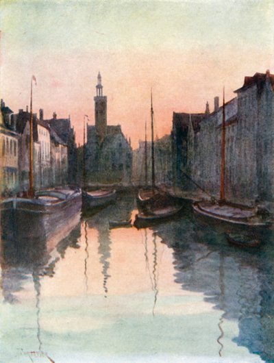 Quai du Miroir, Bruggy (barevná litografie) od Amedee (after) Forestier