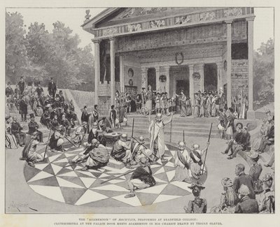 „Agamemnon“ z Aischyla, uvedený na Bradfield College, Clytemnestra ve dveřích paláce, se setkává s Agamemnonem ve svém voze taženém jeho trojskými otroky (litho) od Amedee (after) Forestier