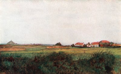 Farma La Belle Alliance a mohyla s belgickým lvem, Waterloo (barevná litografie) od Amedee (after) Forestier