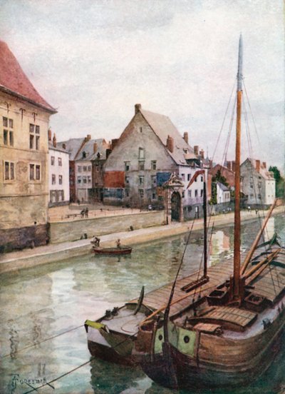 Řeka Sambre při pohledu z Pont de Sambre, Namur (barevná litografie) od Amedee (after) Forestier