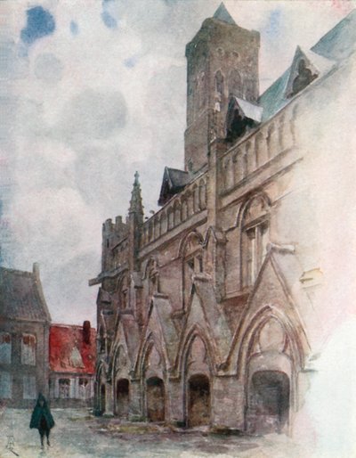 Radnice, Nieuport (barevná litografie) od Amedee (after) Forestier
