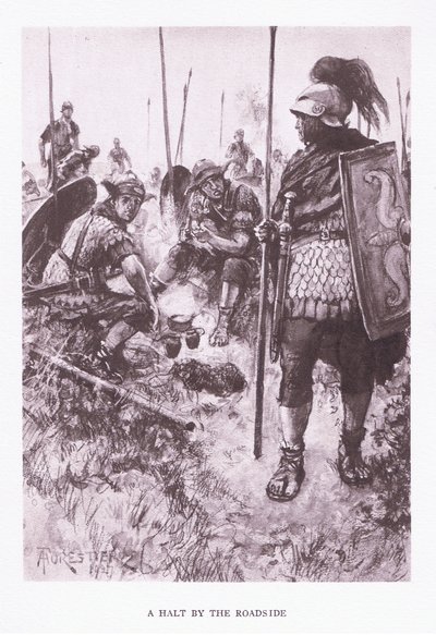 Zastávka u silnice, ilustrace z The Roman Soldier, 1928 od Amedee Forestier