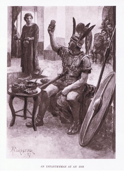 Pěšák v hostinci, ilustrace z The Roman Soldier, 1928 od Amedee Forestier