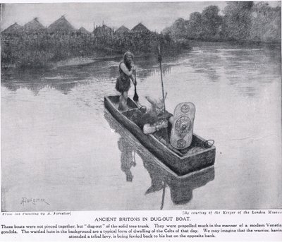 Starověcí Britové na vykopané lodi, ilustrace z „Hutchinsonovy historie národů“, kolem roku 1910 od Amedee Forestier