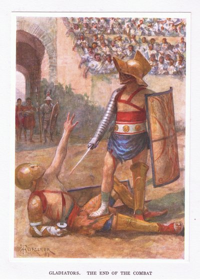 Gladiátoři, konec boje, ilustrace z The Roman Soldier, 1928 od Amedee Forestier