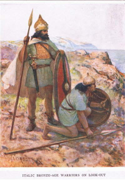 Válečníci z doby bronzové kurzívou na pozoru, ilustrace z „Římského vojáka“ od Amedee Forestier