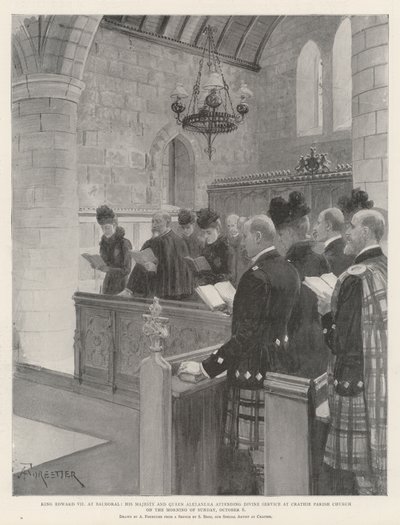 Král Eduard VII. na Balmoralu, Jeho Veličenstvo a královna Alexandra na bohoslužbě ve farním kostele v Crathie v neděli 6. října ráno. od Amedee Forestier