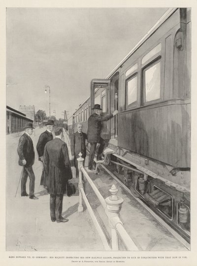 Německý král Edward VII., Jeho Veličenstvo kontroluje svůj nový železniční sedan, který by měl podle předpokladů jezdit ve spojení s tím, který se nyní používá od Amedee Forestier