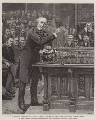 Pan Gladstone vysvětluje Dolní sněmovně svůj plán vlády v Irsku, čtvrtek 8. dubna. od Amedee Forestier