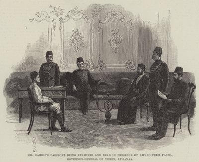 Pas pana Harrise je zkoumán a čten za přítomnosti Ahmeda Feiziho Paši, generálního guvernéra Jemenu, v Sanaa od Amedee Forestier