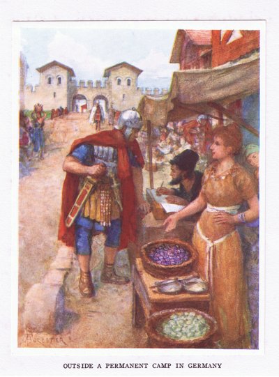 Před stálým táborem v Německu, ilustrace z knihyŘímský voják, 1928 od Amedee Forestier