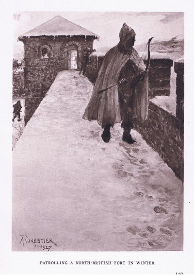 Hlídkování severobritské pevnosti v zimě, ilustrace z The Roman Soldier, 1928 od Amedee Forestier