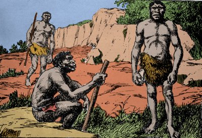 Prehistorie: reprezentace Homo rhodesiensis neboli člověka z Broken Hill, předchůdce Homo sapiens, jehož fosilie byly objeveny v Rhodesii (dnešní Zambie v Africe). Kresba A. Forestier. DR od Amedee Forestier