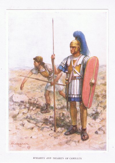 Rorarius a Triarius u Camillus, ilustrace z The Roman Soldier, 1928 od Amedee Forestier