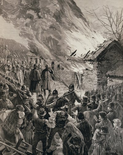 Nájemní válka v Irsku: Vypalování domů vystěhovaných nájemníků v Glenbeigh, hrabství Derry, z „The Illustrated London News“, 29. ledna 1887 od Amedee Forestier