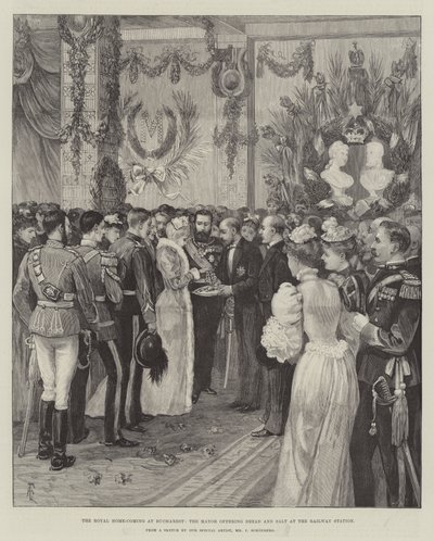 Royal Home-Coming v Bukurešti, starosta nabízející chléb a sůl na nádraží od Amedee Forestier