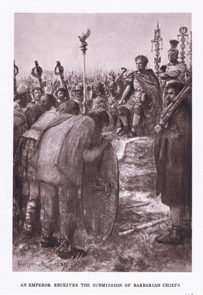 Císař přijímá podání barbarských náčelníků, ilustrace z římského vojáka, 1928 od Amedee Forestier