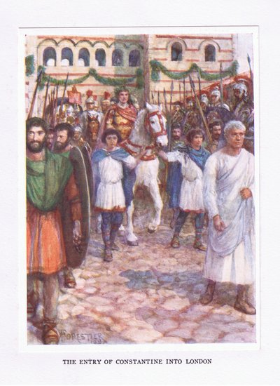 Konstantinův vstup do Londýna, ilustrace z The Roman Soldier, 1928 od Amedee Forestier